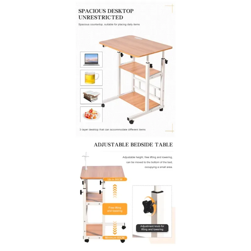 طاولة كمبيوتر محمول بجانب السرير، حامل كمبيوتر محمول بارتفاع قابل للتعديل، مكتب دراسة مع 4 عجلات لقراءة أريكة السرير #2