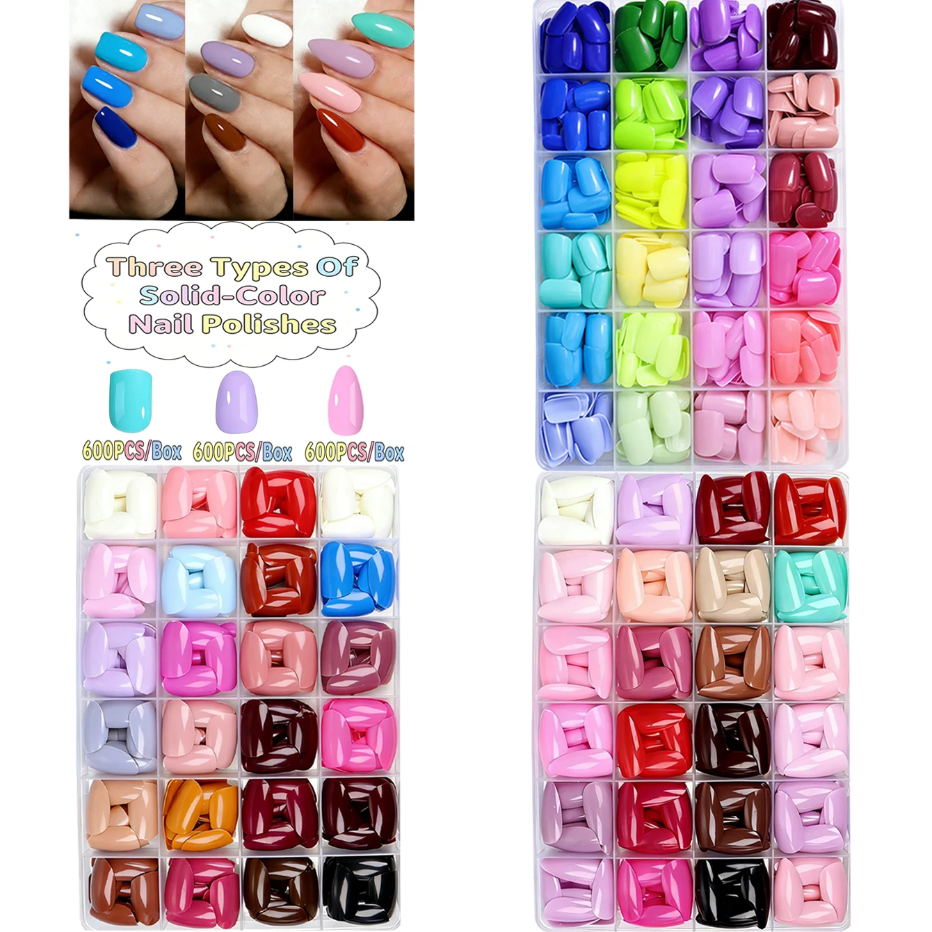Faux ongles à presser couleur unie courts 600 pièces, couvrance totale, formes carrée, ovale, amande, en acrylique, pour usage quotidien et DIY