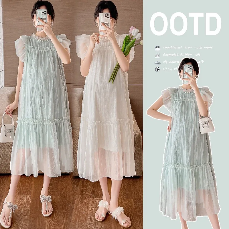 Maternity Dress Summer New in Sweet Loose A-shaped Skirt Lotus Leaf Sleeve Dress Large Size Summer High-end Women's Dress