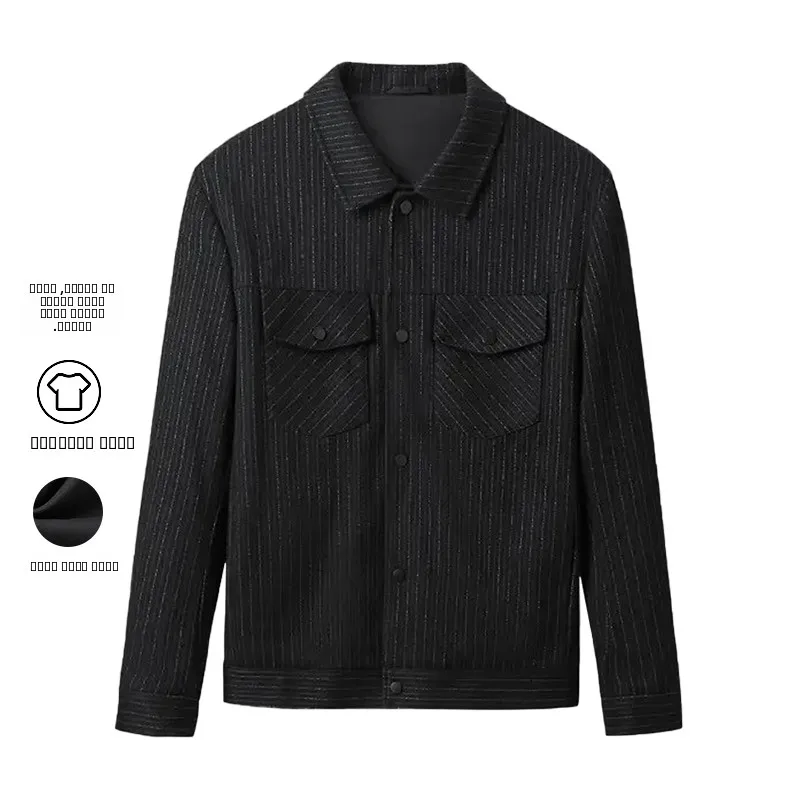 

Faionable Striped Men's Jaet Breathable Fine Texture Stand Collar Casual Sle Thiened Long Sve ort Length