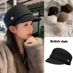 Japan Curved Eaves Wool Beret Women Autumn Winter Felt Fedora Black Painter Hat Female Warm Octagonal Hats Classics Walking Cap