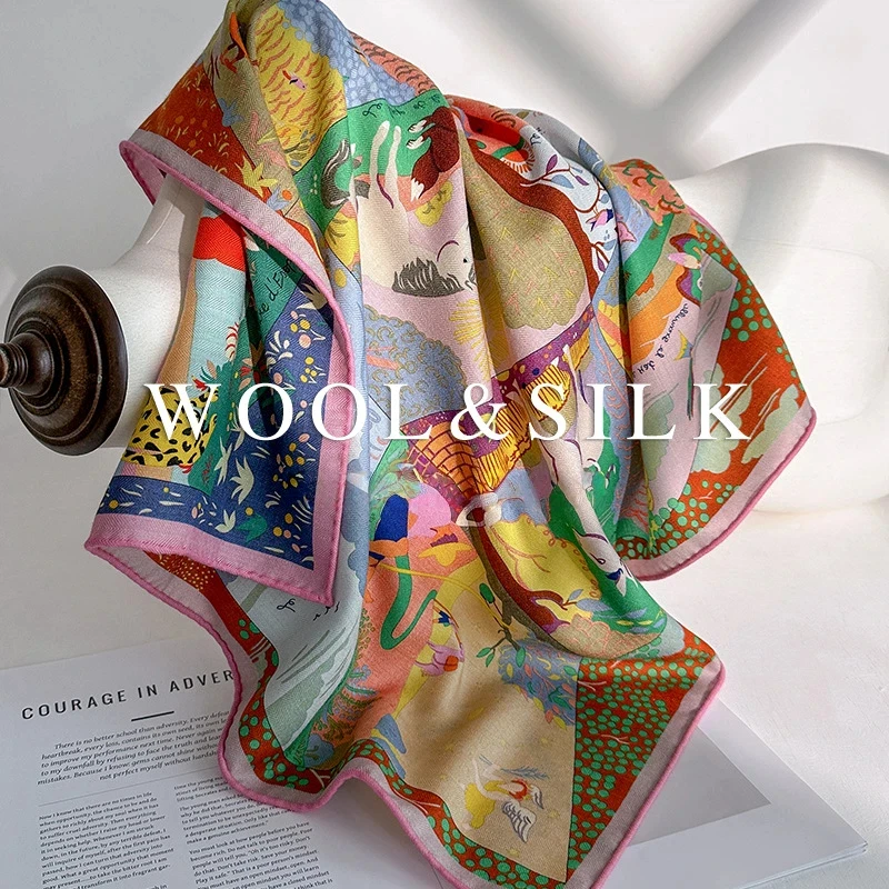 

2026 Cartoon animal wool silk neck scarves for women handkerchiefs luxury brands square scarf muffler men accessories