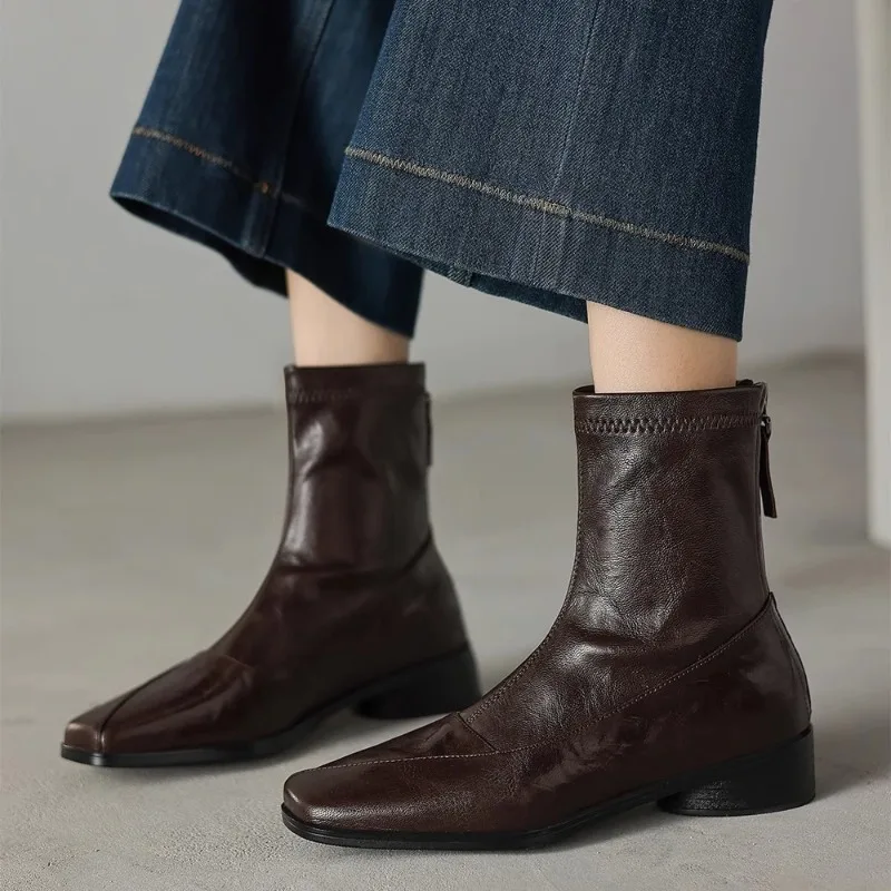 

Classic Women's Shoes Fashion Genuine Leather Stretch Boots for Woman Elegant French Style Ankle Boot Designer Shoes Botas Mujer