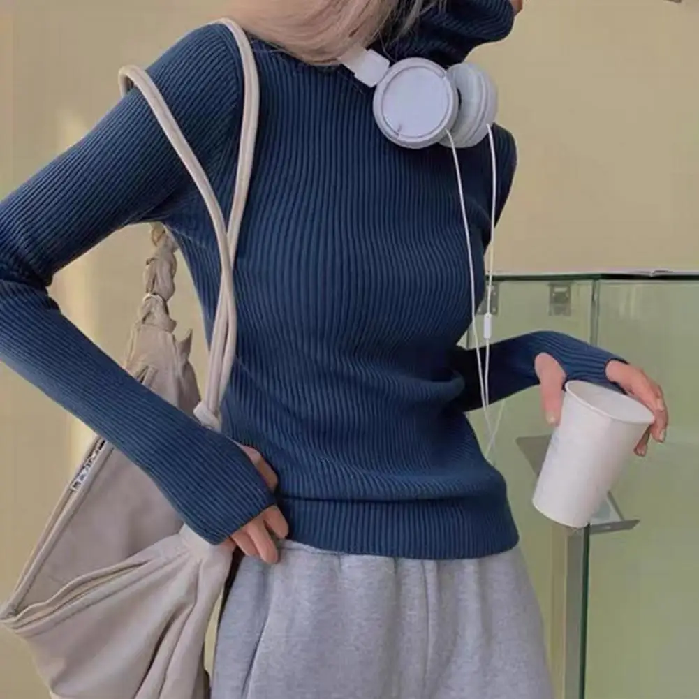 Skin-friendly Tops Women’s Turtleneck Sweater Long Sleeve Knit Top Soft Elastic Fabric Pullover Solid Color Daily Wear Shirt