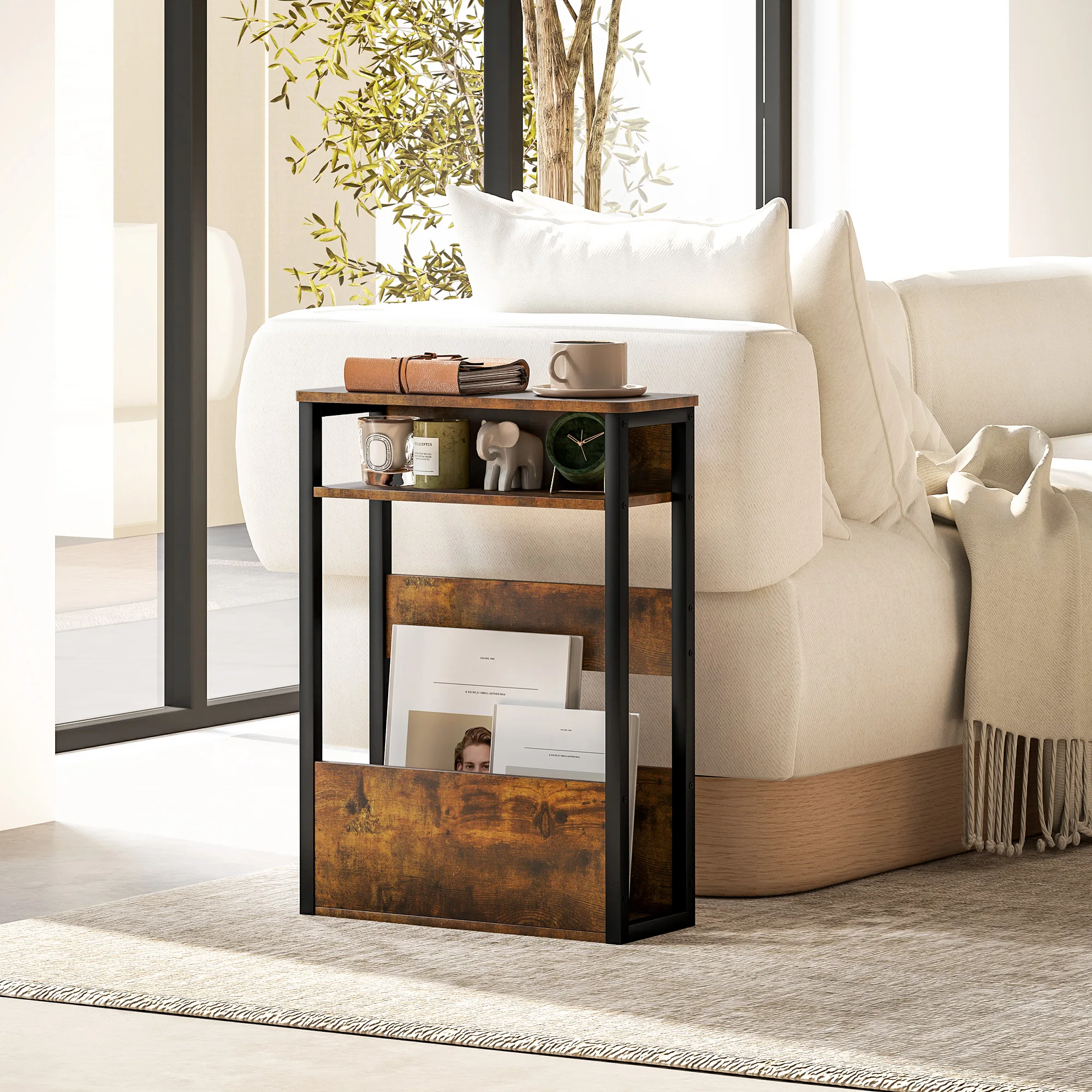 HOMCOM Narrow Side Table with Storage Bedside End Table Rustic Brown