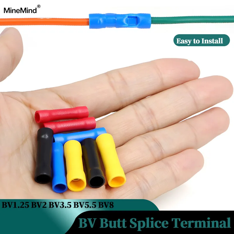 10~150PCS BV1.25~BV8 Straight Butt Wire Terminals Splice Insulated Crimp PVC Copper Tube Electrical Cable Connectors Terminals