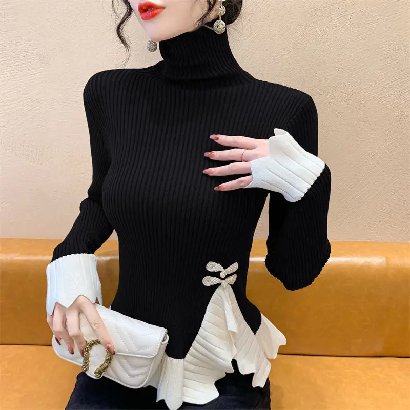 

Retro Buckle High Neck Knitted Base Sweater Women in Early Spring Irregular Color Blocking Sweater New Chinese Long Sleeved Shir