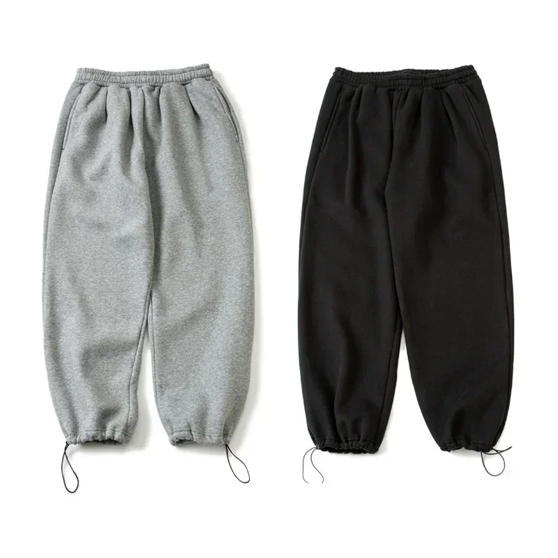 Thickened Plush Warm Sports Youth Men's and Women's Loose Solid Black Light Gray Casual Flannel Pocket Harlan Pants