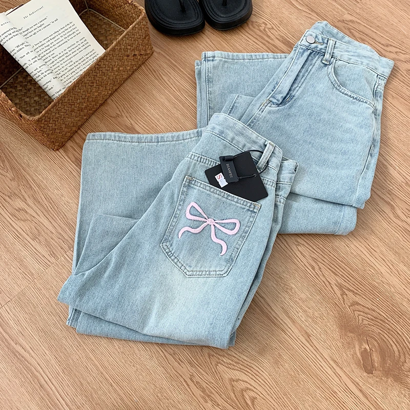 Korea Light Blue High Waist Wide Leg Jeans Casual Fashion Baggy Pantalones Embroidery Design Vaqueros Vintage Women Denim Pants