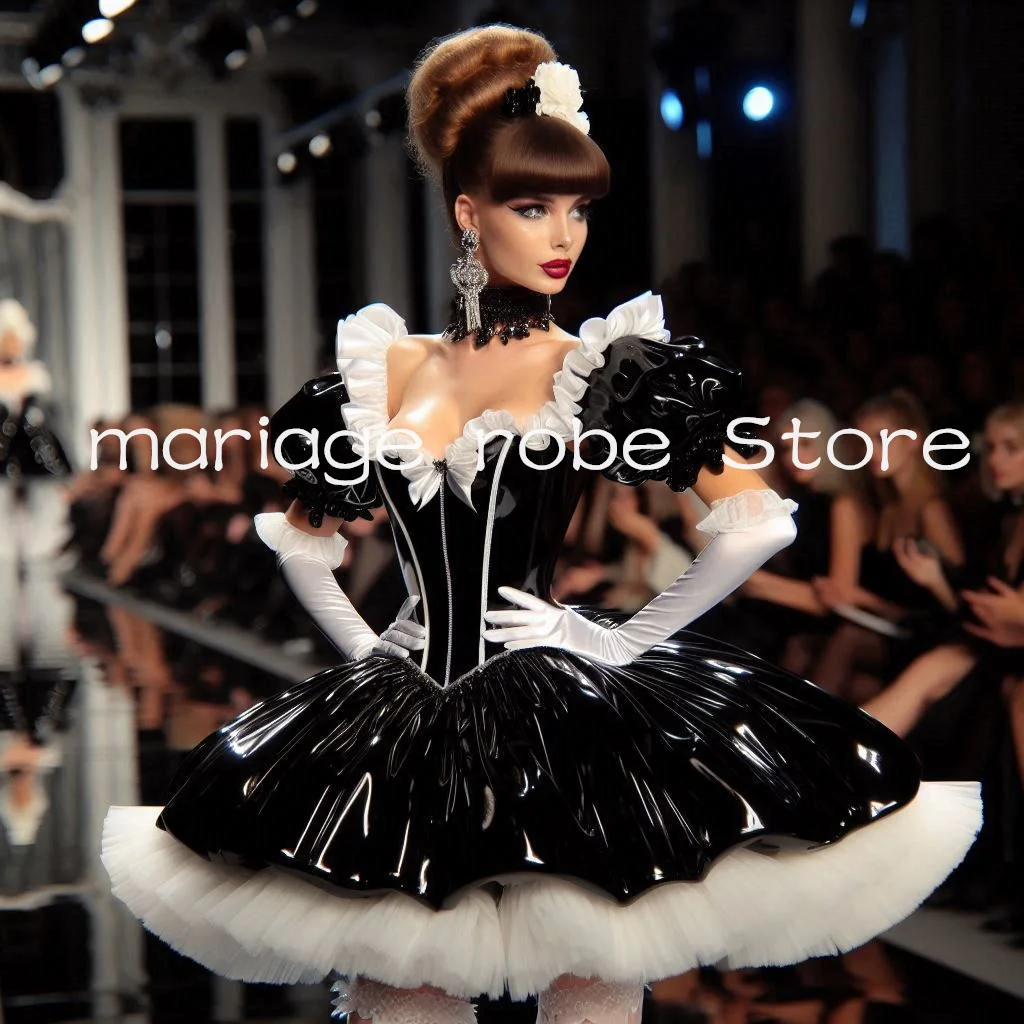 

Блестящее черное мини-платье из ПВХ в викторианском стиле для вечерних мероприятий, коктейльное платье с корсетом-сердечком, на шнуровке, с пышной юбкой, в стиле Лолита, для выпускного вечера/гала-вечера, на заказ