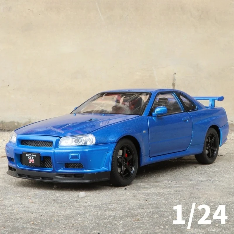 1:24 r34 skyline rápido e furioso liga modelo de carro som e luz puxar para trás brinquedo das crianças colecionáveis presente aniversário