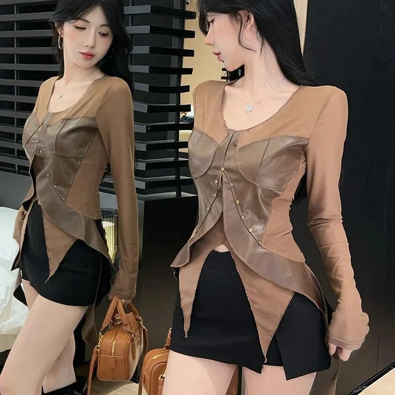 

Internet Celebrity Mesh Splicing Design Spicy Girl Irregular Long Sleeved Top Women's Pullover Shirt