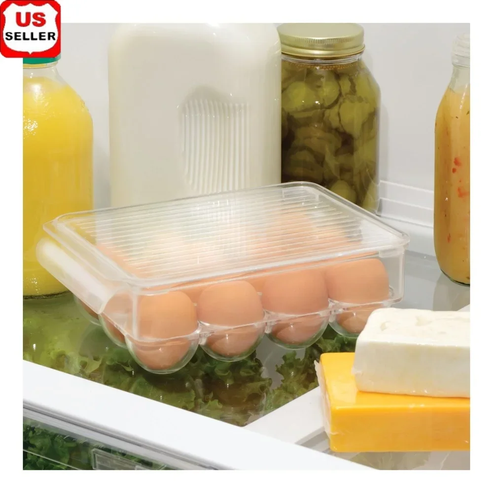 

Covered Egg Holder 12 Eggs BPA-Free Plastic Refrigerator Storage Container with Lid and Handle Stackable Egg Organizer
