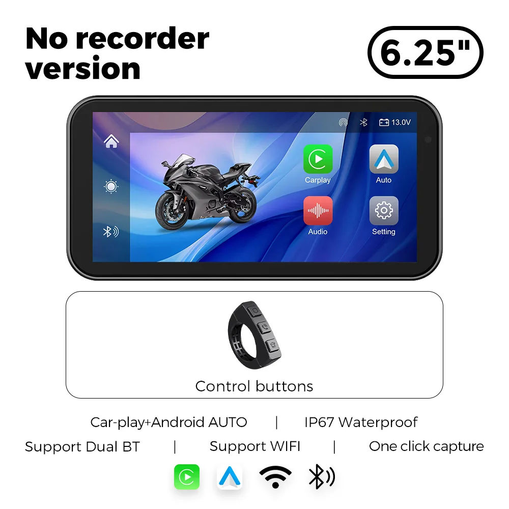 Draagbare 6,25 inch IP67 waterdichte motorfiets GPS-navigatie Draadloze Carplay Android Auto DVR Drive Recorder Moto Monitor WIFI