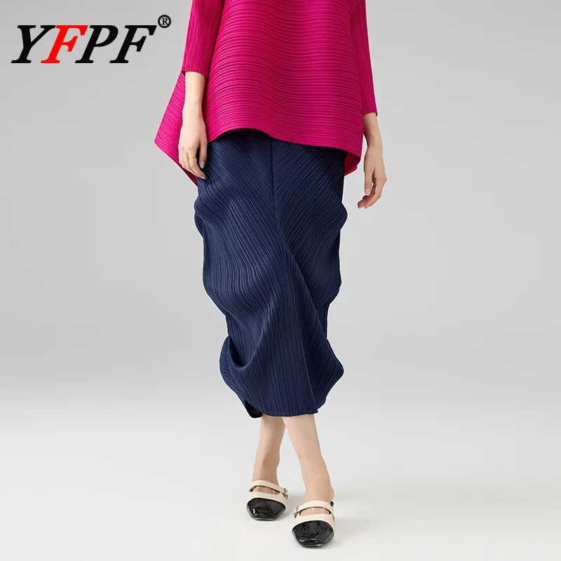 

YFPF Miyake плиссированная женская юбка, модный нерегулярный дизайн, однотонные свободные длинные юбки трапециевидной формы, элегантная новинка 2025, одежда