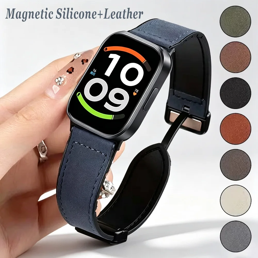 Magnetic Buckle Silicone+Leather Strap For Redmi Watch 6 Active/Lite/4 5 6 Bracelet Belt For Xiaomi Mi Band 8-9-10 Pro Accessory