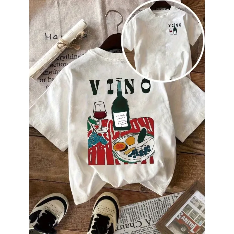 White Cocktail Recipe Print Women's T-shirt Casual Crew Neck Summer Drinks Art Top with Front Back Prints Trendy Summer T-Shirt