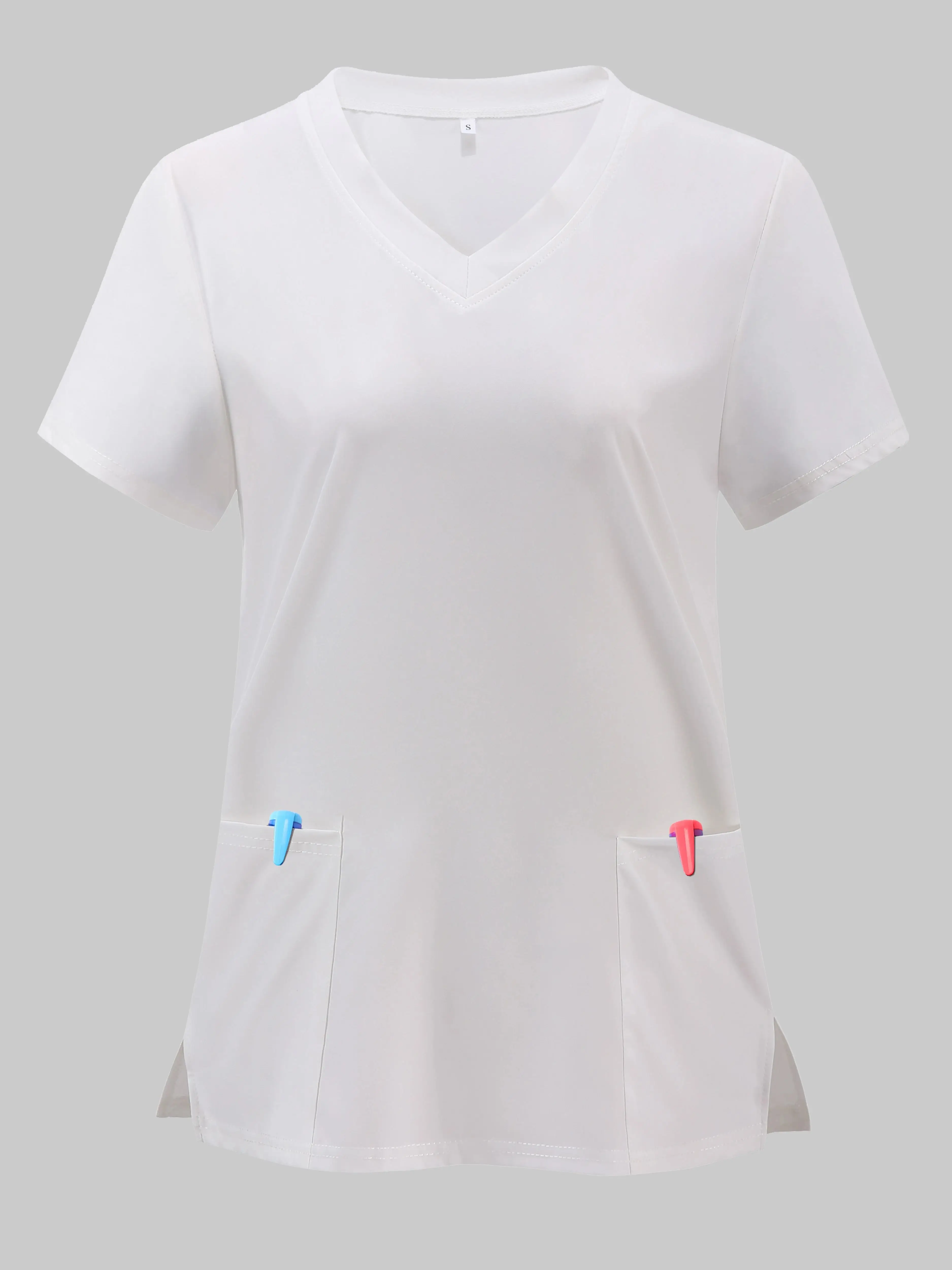 Solide V-Ausschnitt Peeling Top elegante Mikro elastizität Uniform mit Patch Pocket Split Kurzarm perfekt für Frauen Krankens ch western – Detail 2