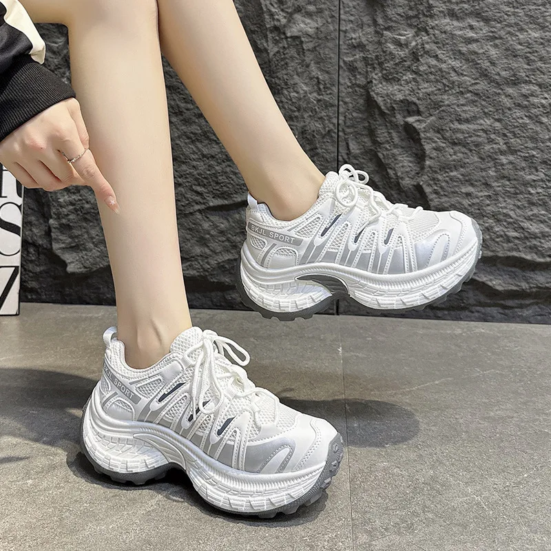 2026 Women's Thick Sole Dad Shoes Korean Style Breathable Mesh Sports Sneakers Heightening Summer Casual Round Toe PVC Outsole