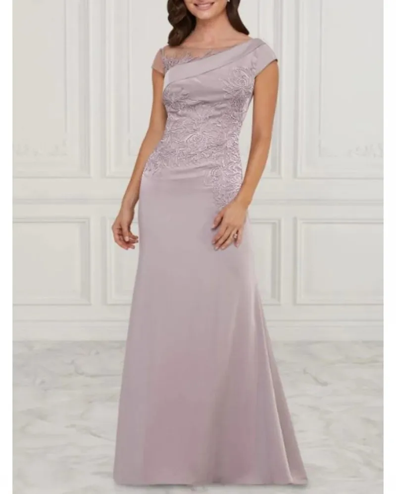 

Elegant Long Mother of the Bride Dress 2023 Bateau Neck Lace Appliques Satin Guest Party Gowns Hot Sale Robe De Soiree