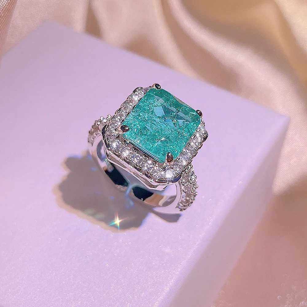Haute Couture New Square Paraiba Ring Earring Necklace Three-piece Suit Women\'s Cocktail Party Gift Direct Sale
