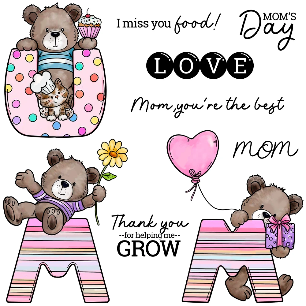 Mangocraft Happy MOM‘s Day Bears Cutting Dies Clear Stamp DIY Scrapbooking Metal Dies Silicone Stamps For Love Cards Albums