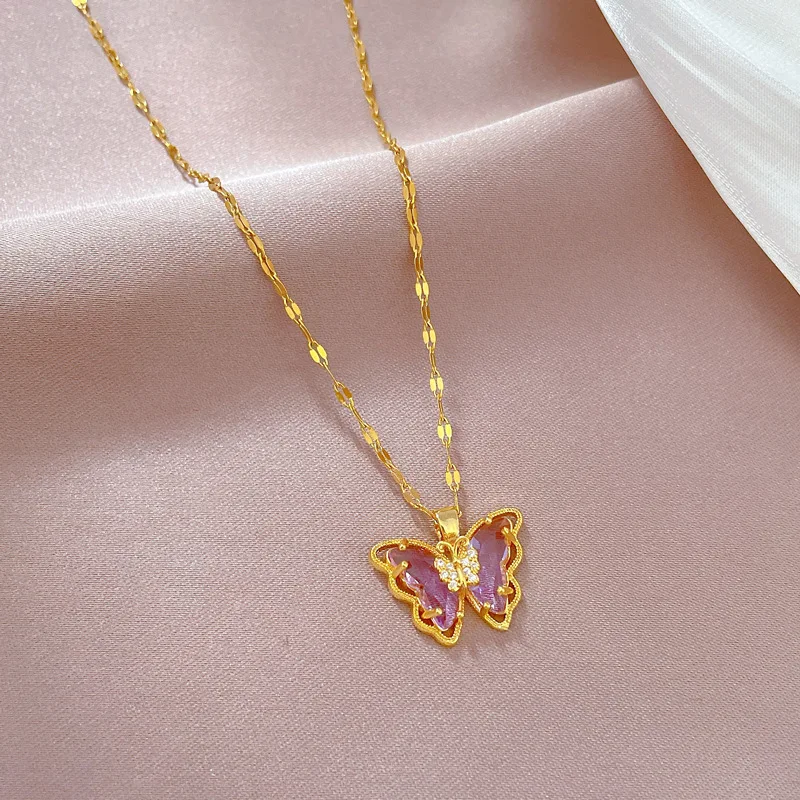 (Titanium Steel) Gorgeous and Stylish Hollow Titanium Steel Butterfly Necklace with Crystal Drop Decoration for Women