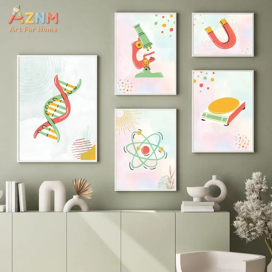 AZNM Colorful Science Element Canvas Wall Art DNA Microscope Atom Magnet Illustration Print Kids Study Classroom Decor Unframed