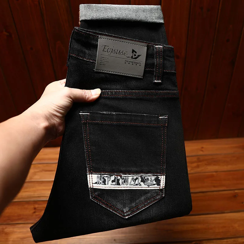 Street embroidered black denim trousers men's fashion all-match casual Embroidery Fashion elastic slim fit long skinny pants