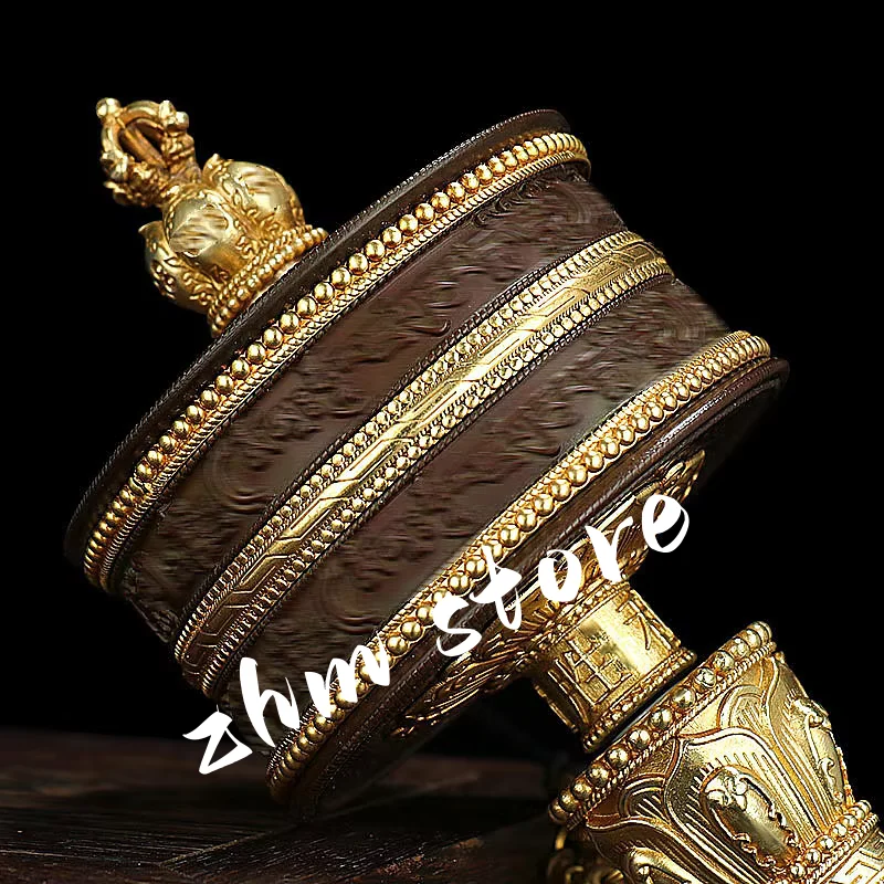 

23cm Pure Copper Tibetan Exquisite Carving Guanyin/Lotus Mantra/Scriptures Wooden Hand Cranking Prayer Wheel