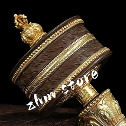 23cm Pure Copper Tibetan Exquisite Carving Guanyin/Lotus Mantra/Scriptures Wooden Hand Cranking Prayer Wheel
