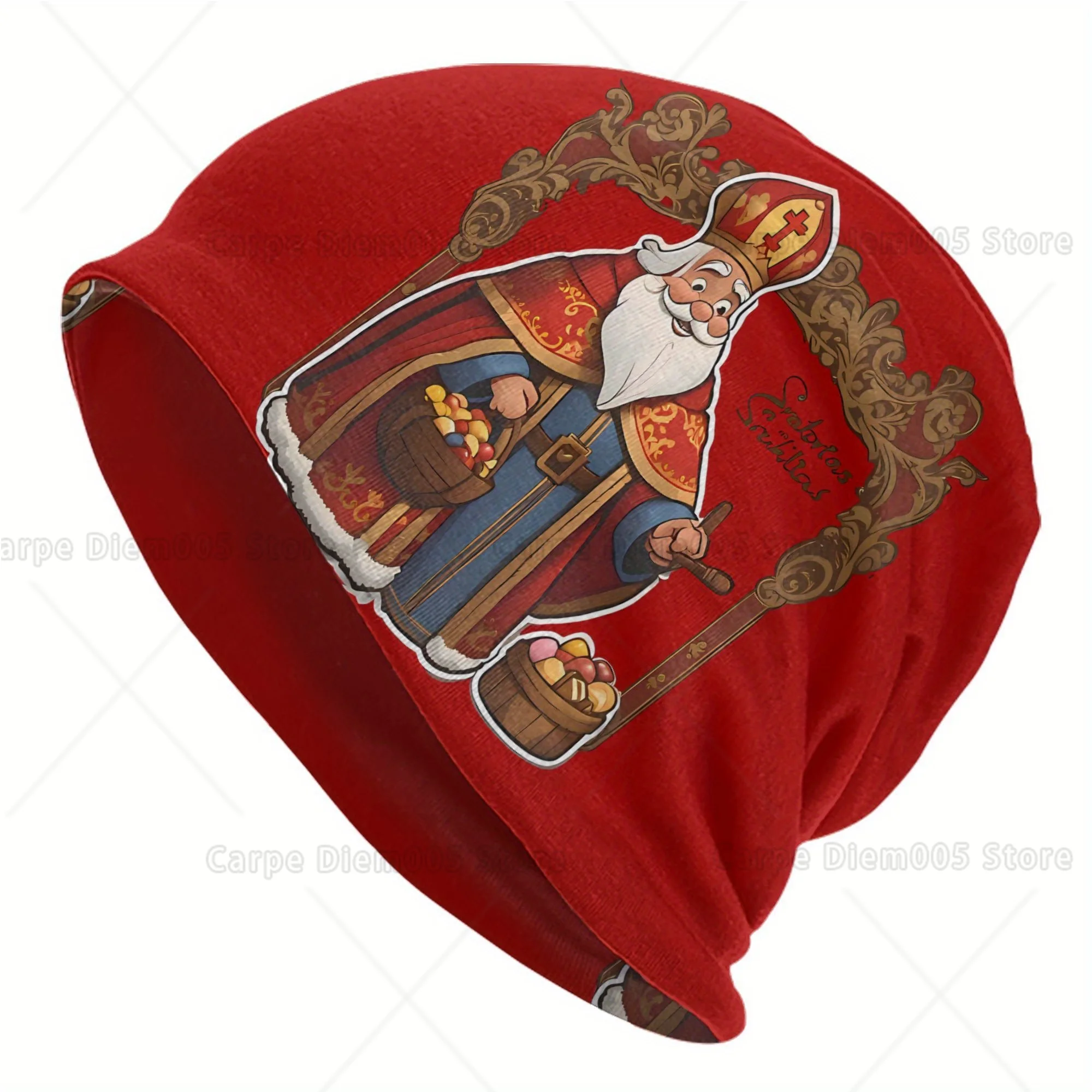 Funky Saint Nicholas Beanie Hat for Men - Knitted Polyester Blend, Red Blue Cartoon Design with Ornate Frame, Casual Winter Cap