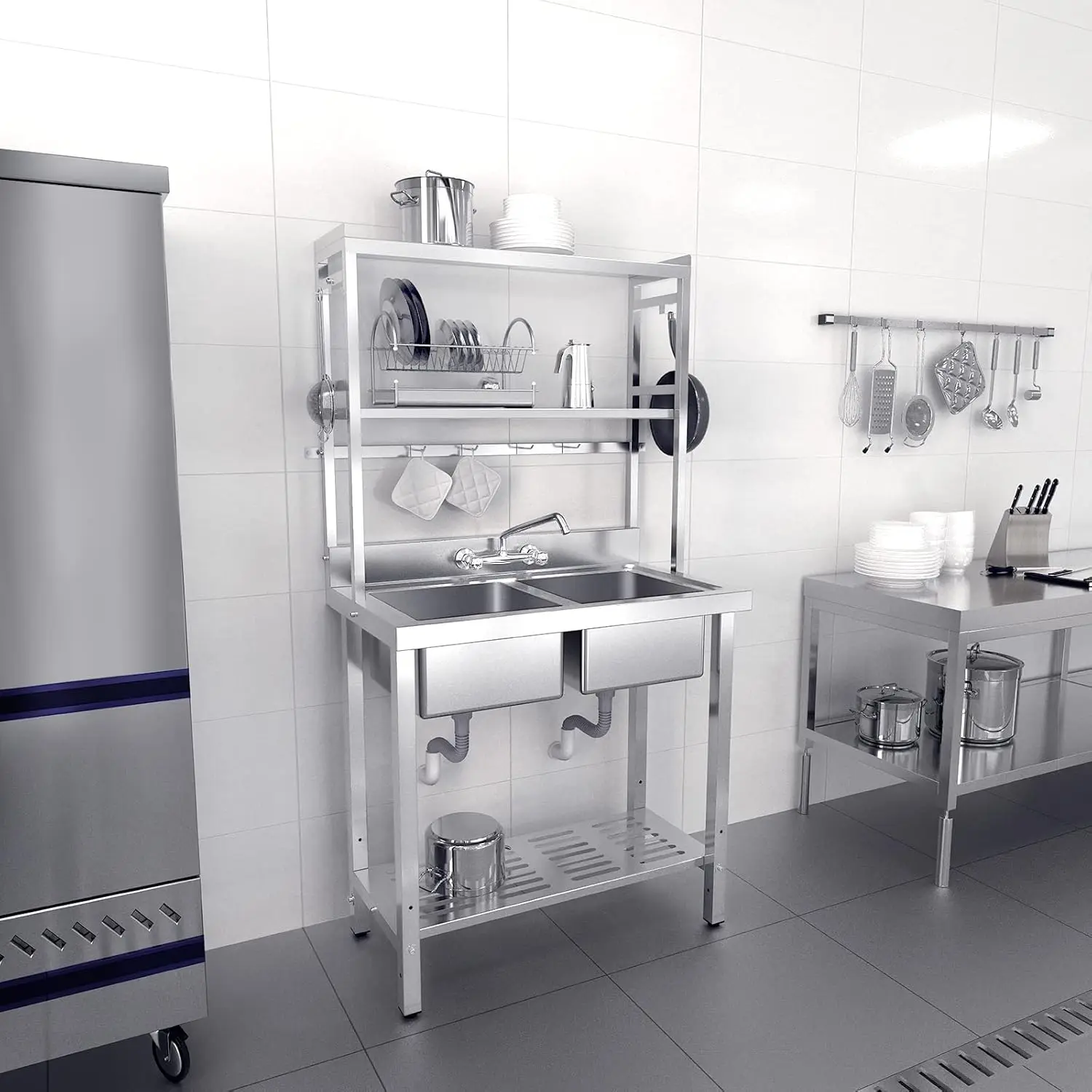 

67" 2-Compartment Commercial Sink with Shelves Over & Drying Rack Underneath, 304 Stainless Steel Sink Double Basin with Drain f