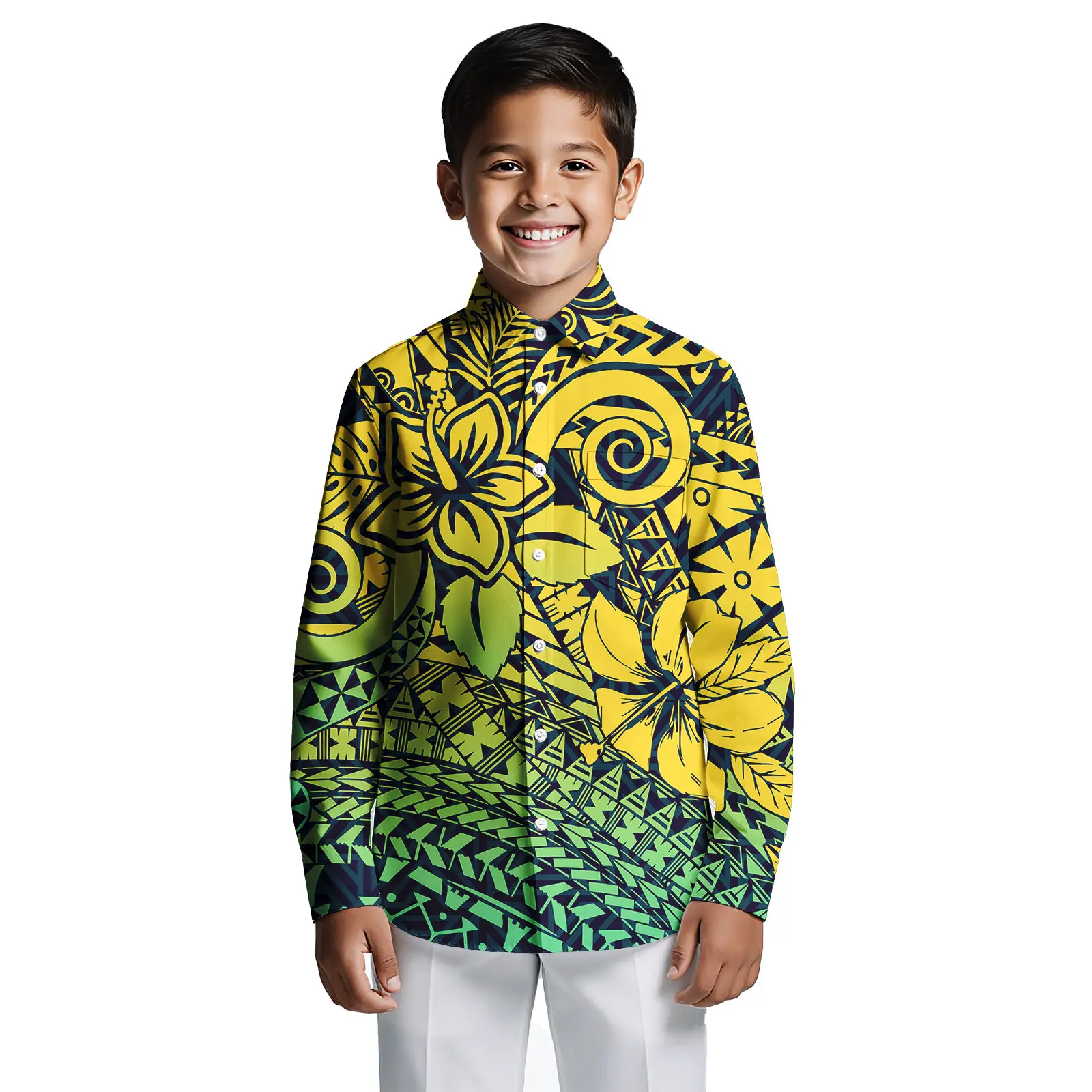 Custom Print on Demand Boys Beach Tropical Hawaii Shirt Boy Polynesian Tribal Button Down Aloha Long Sleeve Boys Shirts