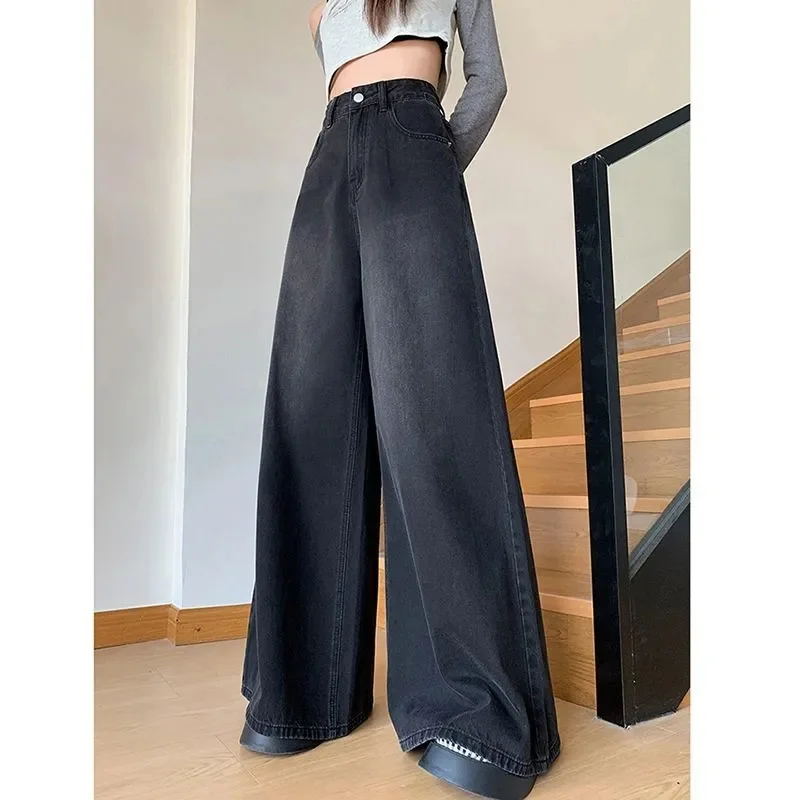

American Ladies Loose Wide-leg Cowboy Trousers Women Straight Leg Floor Length Jeans Autumn Female High Waist Casual Denim Pants