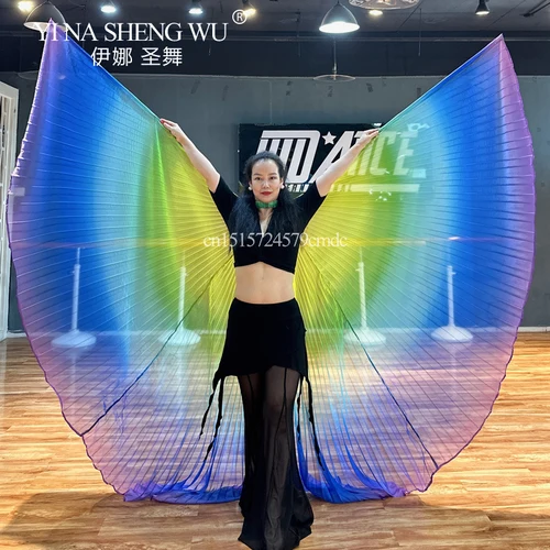 Imagen 1 del producto Alas de gasa para danza del vientre, accesorios de utilería para actuación en escenario de danza para adultos, alas de Isis egipcios, alas coloridas de arcoíris con palo