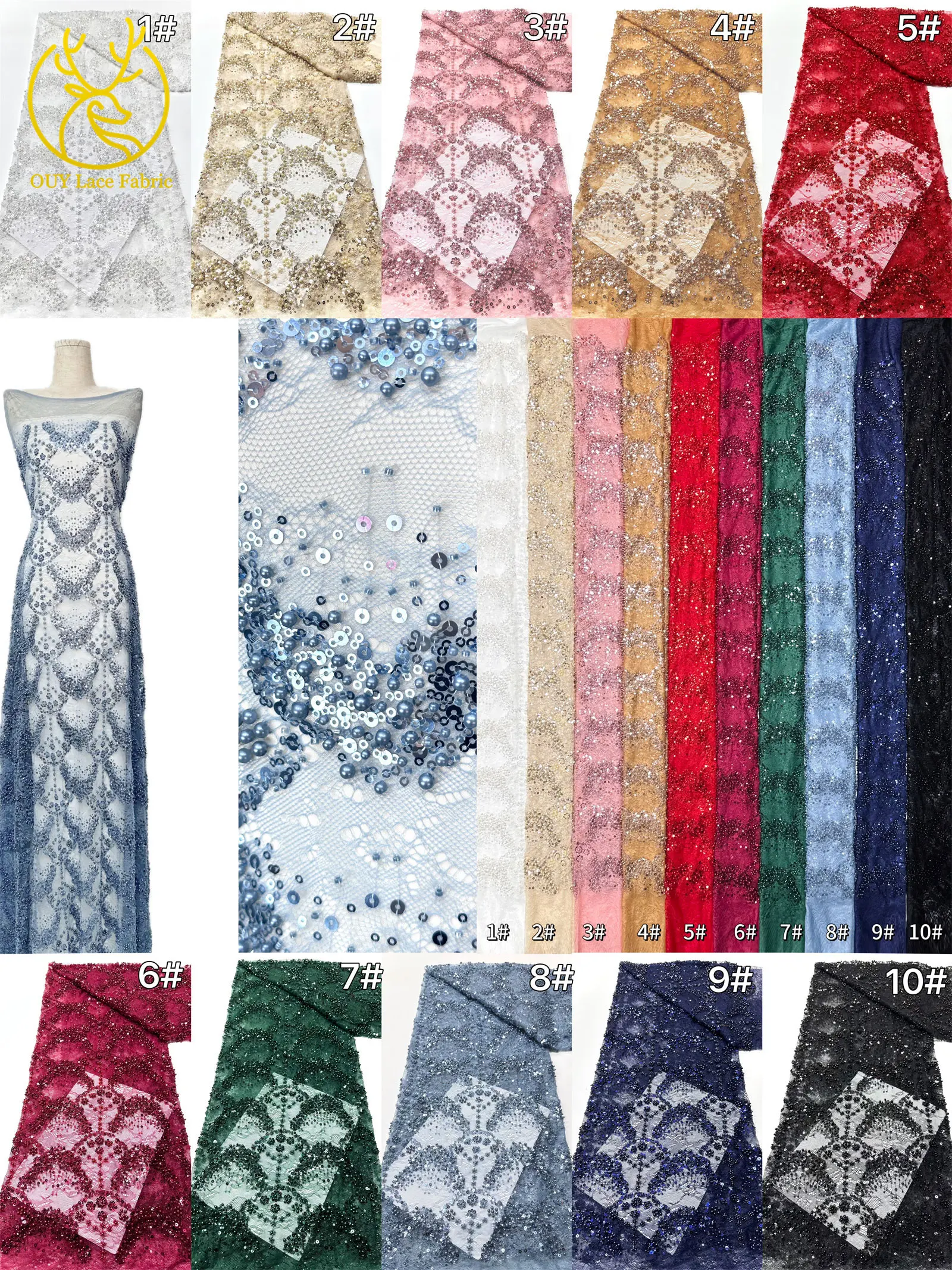 Luxuriöser französischer Kleid-Perlen-Spitzenstoff 2026, hochwertiger gelber afrikanischer Pailletten-Spitzenstoff für Frauen, Hochzeit, Party, Kleid, Nähen – Detail 3
