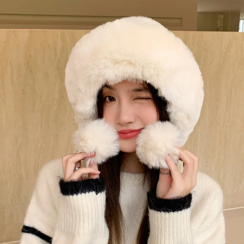 

Imitation Rabbit Fur Thermal Winter Hat Women Cute Thickening White Fluffy Ball Cap Earflaps Slipover Plush Hat Шапка Женская