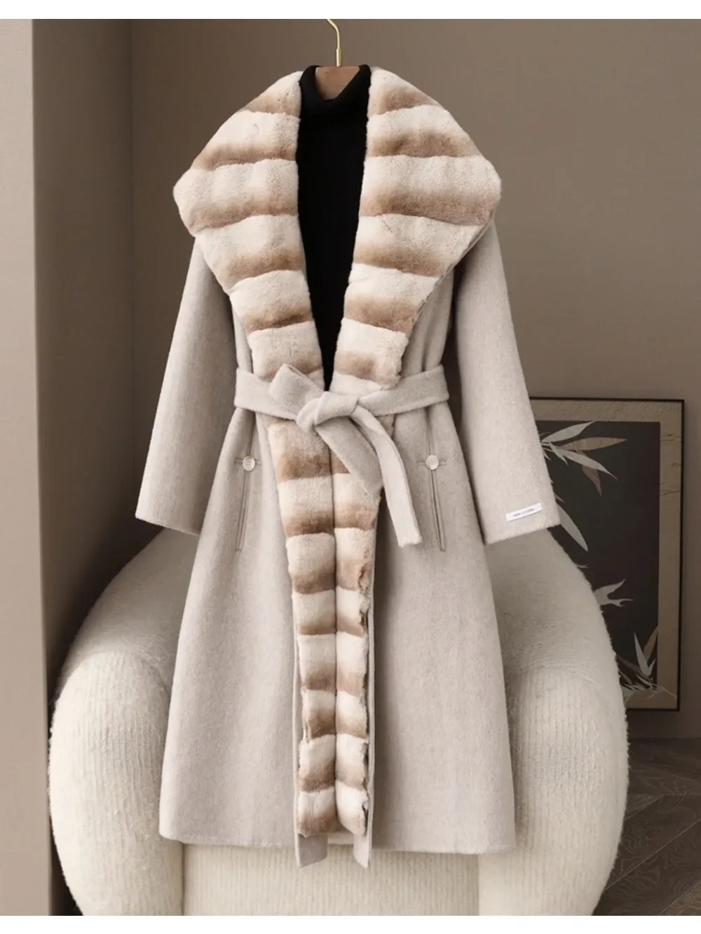 المرأة الطبيعية ريكس الأرنب الفراء الصوف يمزج سميكة الدافئة ملابس خارجية طويلة مع حزام عارضة الفراء الحقيقي هود معطف الشتاء سترة #4