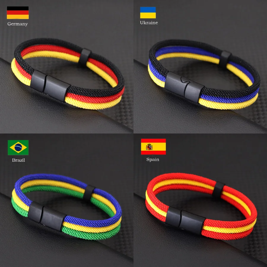 Pulsera con dijes de Color de bandera nacional de tamaño multicolor, hebilla magnética desmontable Unisex, brazalete envolvente de cuerda de grado A de 4mm, Joias