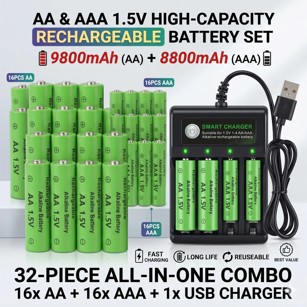 

1.5V Alkaline Rechargeable Battery AA 9800mAh AAA 8800mAh with 4-Slot USB Charger for Digital Camera Video Game Smoke Detector