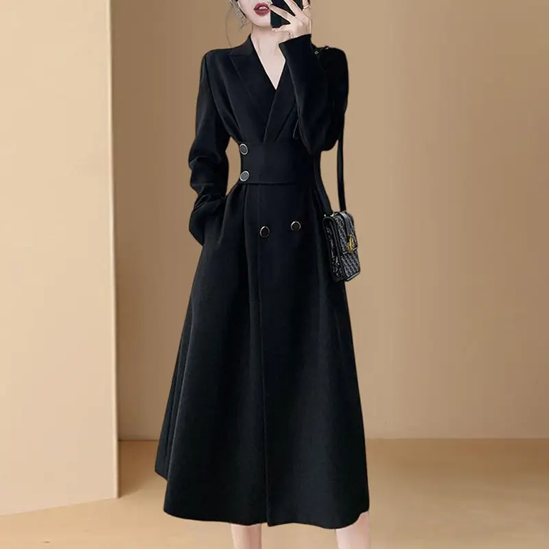 Windbreaker Jacket Dress High-end New Suit Spring Autumn Style Slim Minimalist Covering Solid Color Belly Small Black Skirt