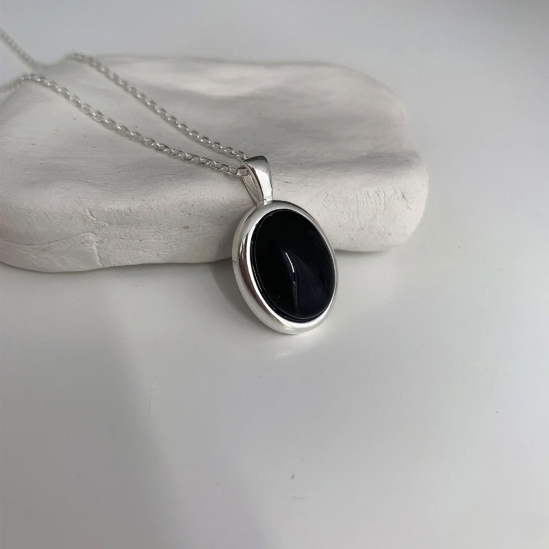 VOQ Silver Color Oval Black Onyx Necklace for Women Vintage Long Pendant Statement Necklaces Fashion Party Jewelry