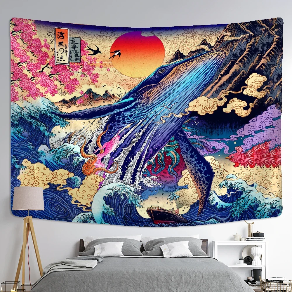 Cartoon Print Blanket Kanagawa Wave Tapestry Wall Hanging Bohemian Bed Hippie Japanese Illustration Kawaii Bedroom Home Decor