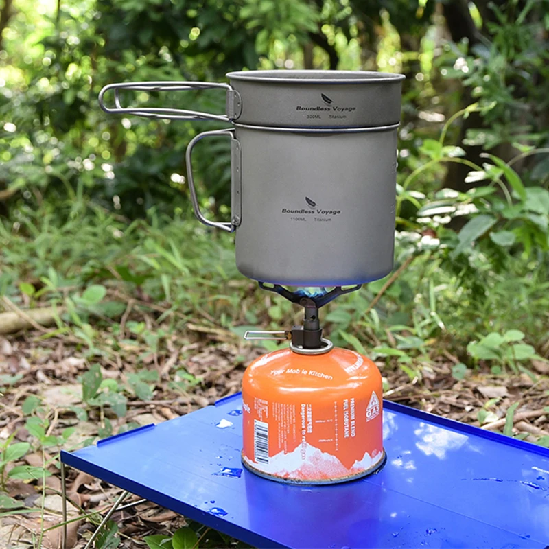 Imagem -03 - Camping Panelas Titanium Pot And Pan Grupo Alça Dobrável Caminhadas ao ar Livre Talheres de Piquenique Mess Kit Tigela de Titânio Caneca 1100ml 300ml