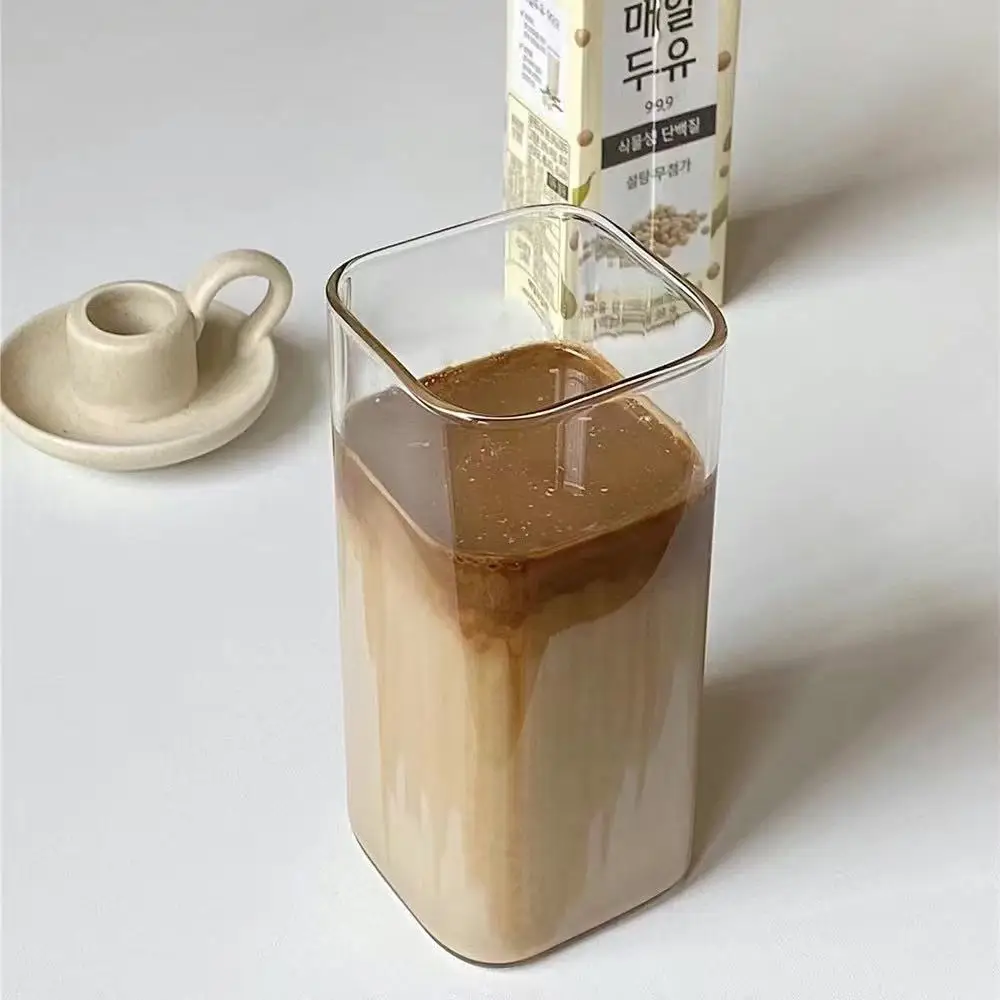 1pcsSquare Heat Resistant Glass Tumbler with Lid & Straw, Reusable Coffee Milk Tea Juice Cup for Home Bar