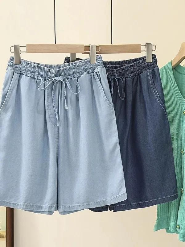 

plus Size Ice Silk Denim orts Wide Leg Thin Summer Jeans Men Women Loose Straight Cut Pants High Waist Five Inches Long