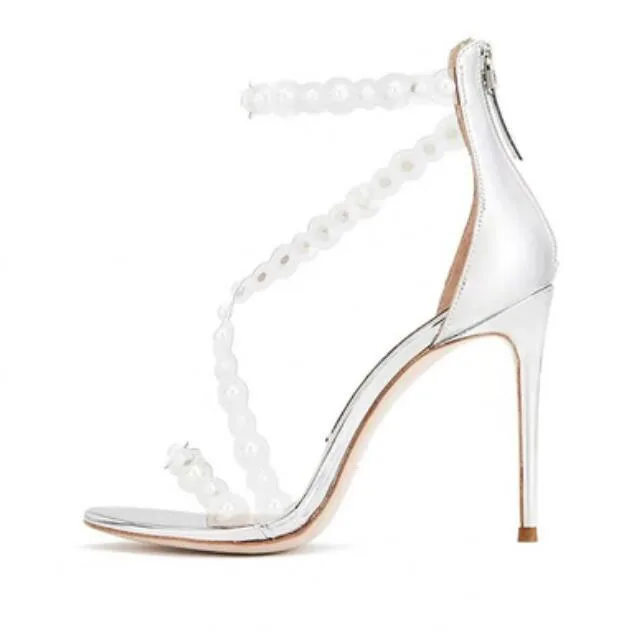 

2022 Woman Sexy Pearl Beadings Pvc Straps Sandals Silver Black White Back Cover Thin High Heel Female Party Sandal Shoes