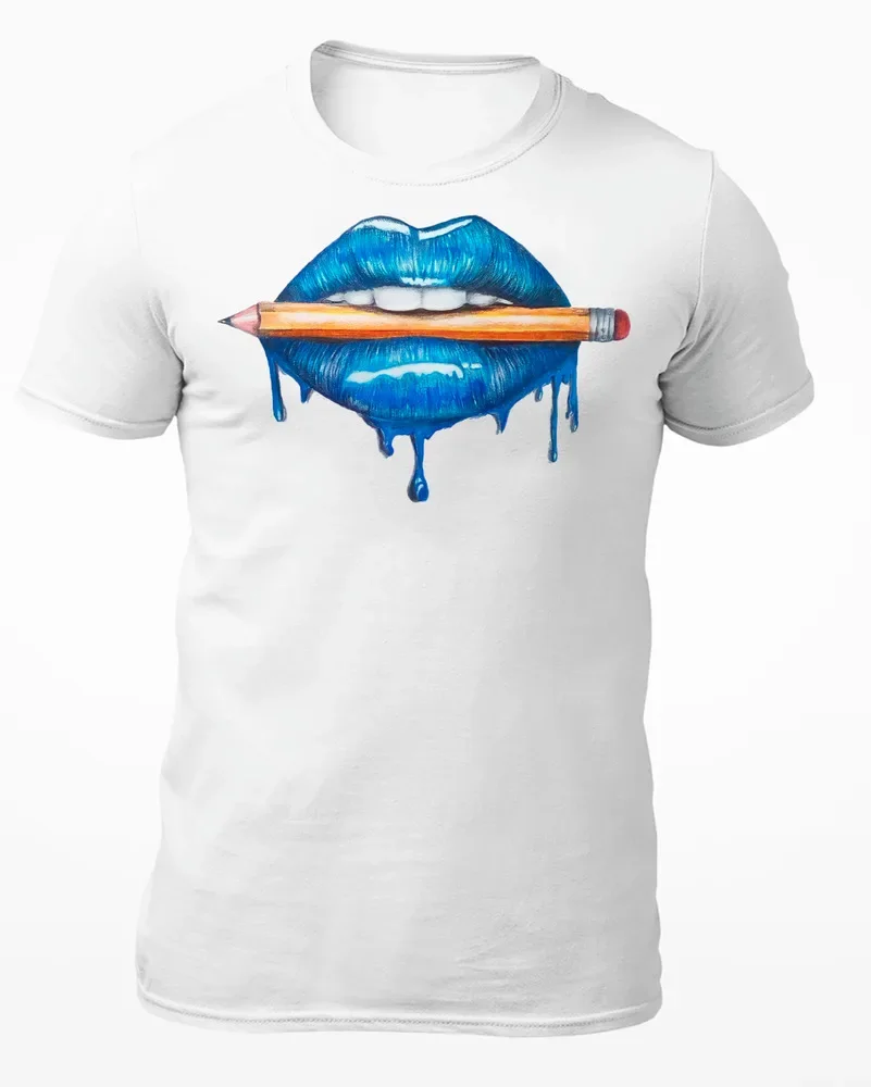 Dripping Blue Lips Biting A Pencil - Women's T-Shirt High Quality 100%Cotton Short Sleeve