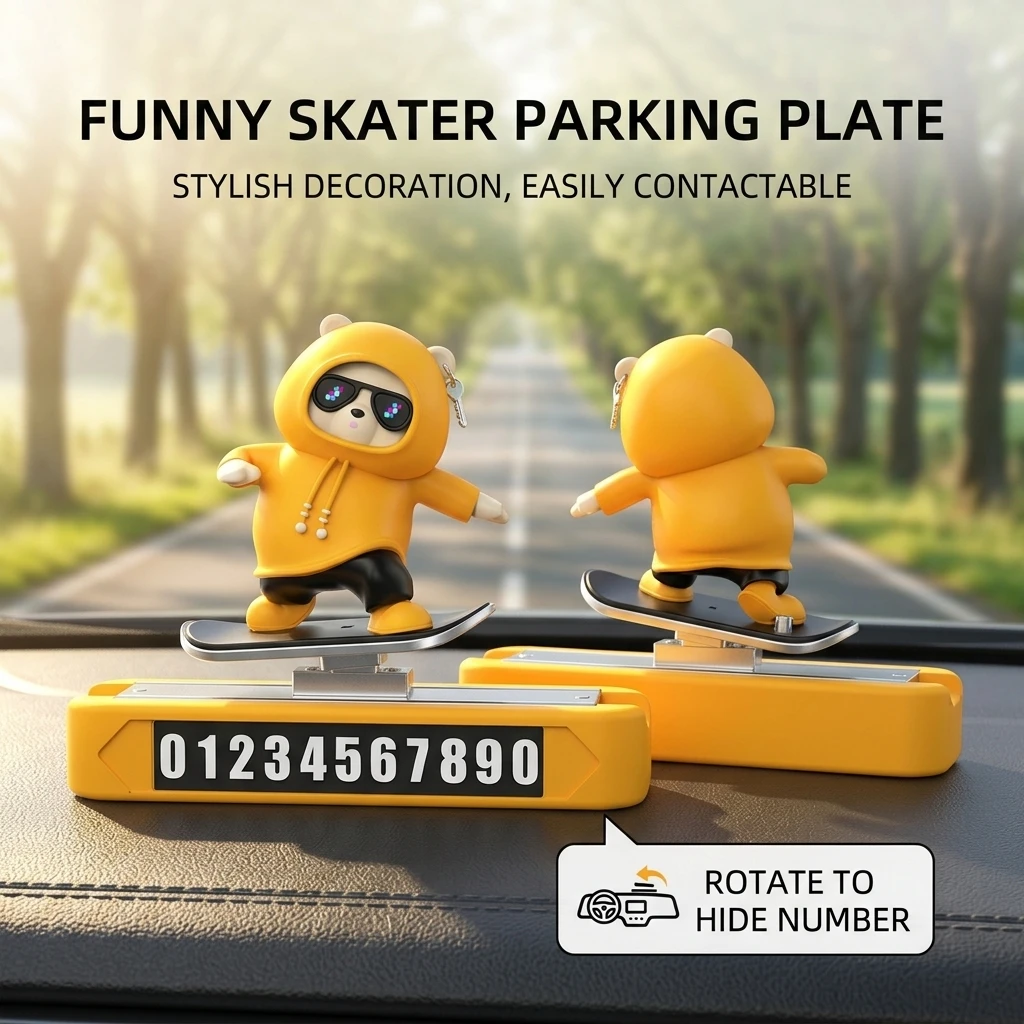 

PVC Skateboard Bear Car Ornament Dashboard Decor with Temporary Parking Number Plate Stand Gift for Drivers